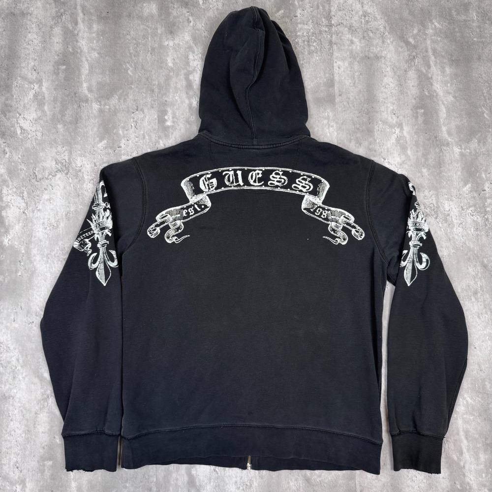 Guess Jacket Mens XL Black Full Zip Hoodie Chrome Y2K Distressed‎ Streetwear